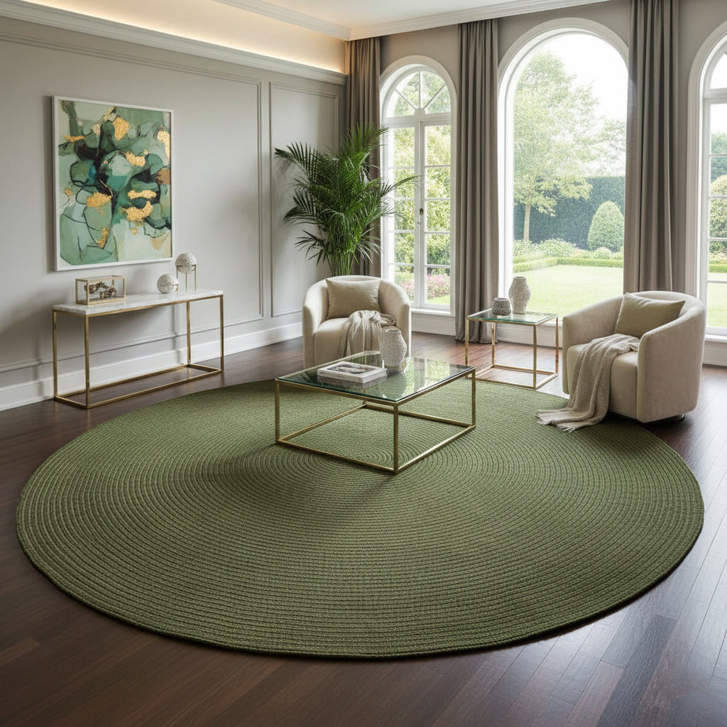 Olive Green Jute Round Rug – Handwoven Natural Carpet by Room Rituals | Modern Boho Living Room Rug