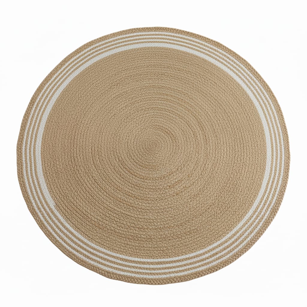Natural Jute Round Rug with White Border – Handwoven Eco-Friendly Carpet by Room Rituals | Boho Living Room & Bedroom Floor Rug
