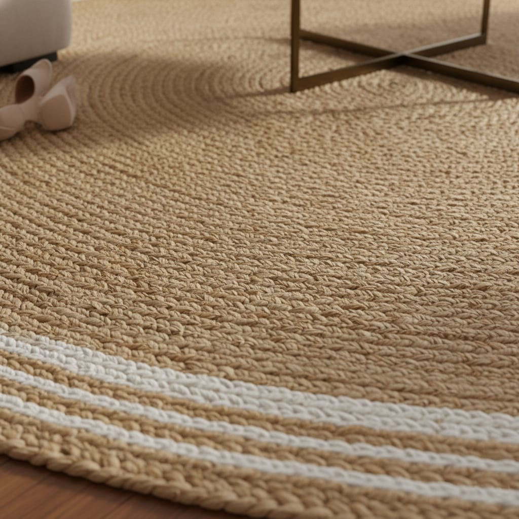 Natural Jute Round Rug with White Border – Handwoven Eco-Friendly Carpet by Room Rituals | Boho Living Room & Bedroom Floor Rug