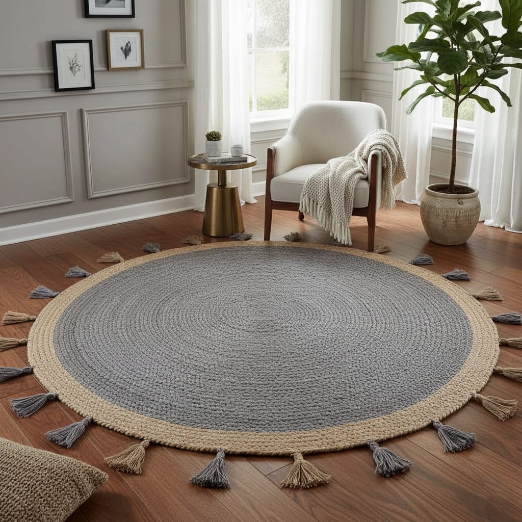 Beige & Grey Jute Round Rug with Tassels – Handwoven Eco-Friendly Carpet by Room Rituals | Boho Living Room & Bedroom Floor Rug