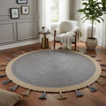 Beige & Grey Jute Round Rug with Tassels – Handwoven Eco-Friendly Carpet by Room Rituals | Boho Living Room & Bedroom Floor Rug