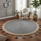 Beige & Grey Jute Round Rug with Tassels – Handwoven Eco-Friendly Carpet by Room Rituals | Boho Living Room & Bedroom Floor Rug