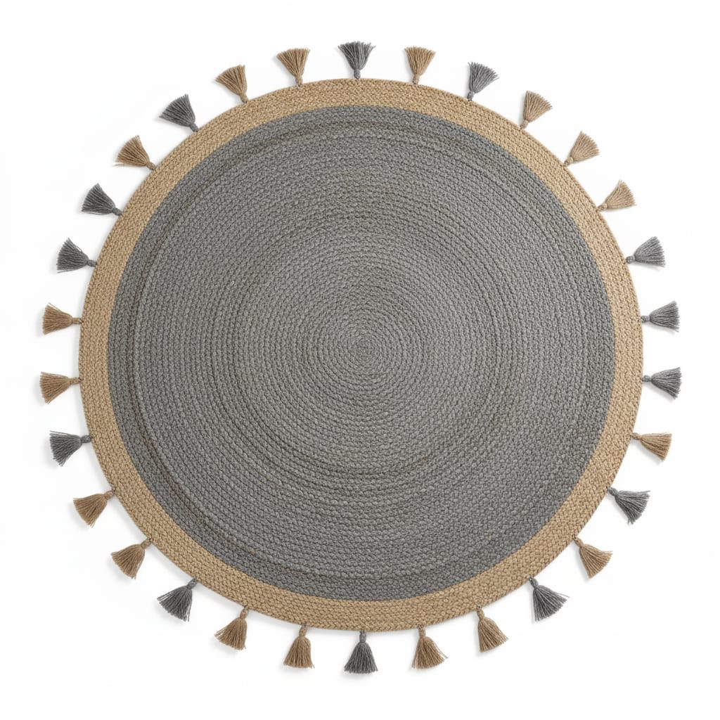Beige & Grey Jute Round Rug with Tassels – Handwoven Eco-Friendly Carpet by Room Rituals | Boho Living Room & Bedroom Floor Rug