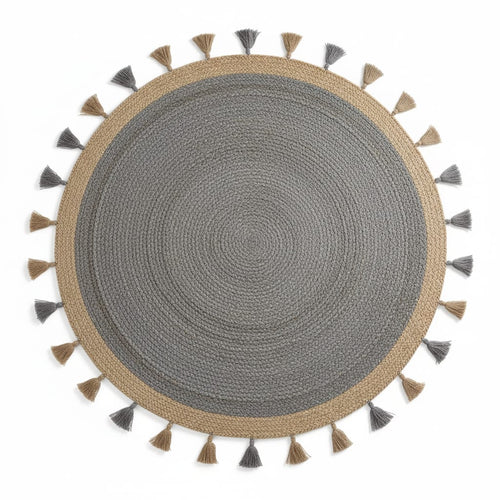 Beige & Grey Jute Round Rug with Tassels – Handwoven Eco-Friendly Carpet by Room Rituals | Boho Living Room & Bedroom Floor Rug