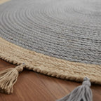 Beige & Grey Jute Round Rug with Tassels – Handwoven Eco-Friendly Carpet by Room Rituals | Boho Living Room & Bedroom Floor Rug