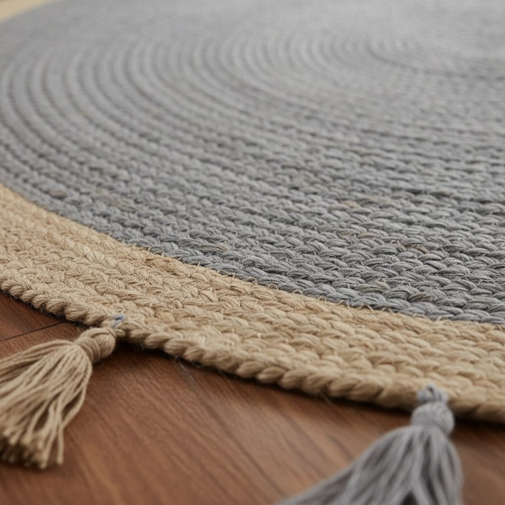 Beige & Grey Jute Round Rug with Tassels – Handwoven Eco-Friendly Carpet by Room Rituals | Boho Living Room & Bedroom Floor Rug