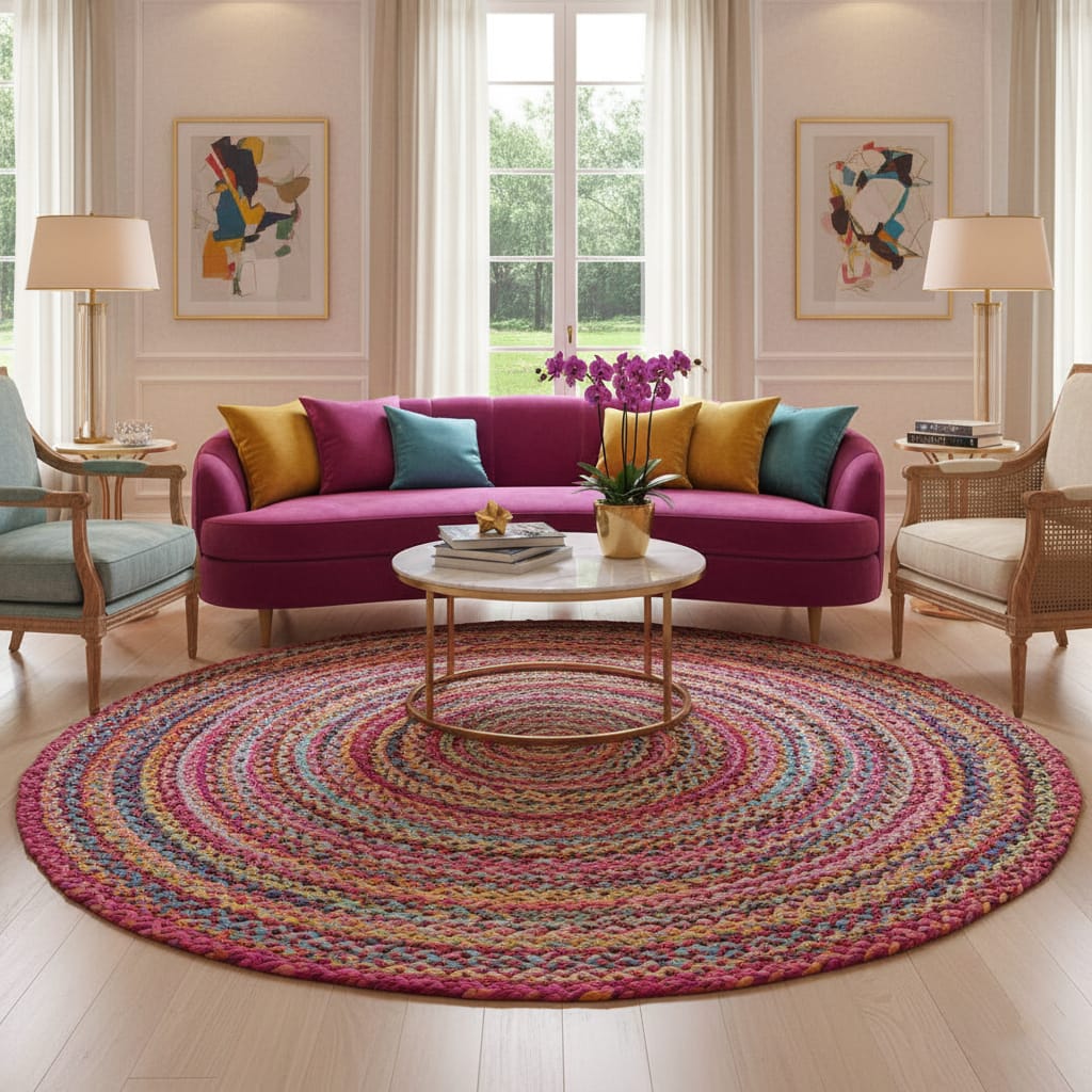 Multicolor Braided Jute Round Rug – Handwoven Eco-Friendly Carpet by Room Rituals | Boho Living Room & Bedroom Floor Rug
