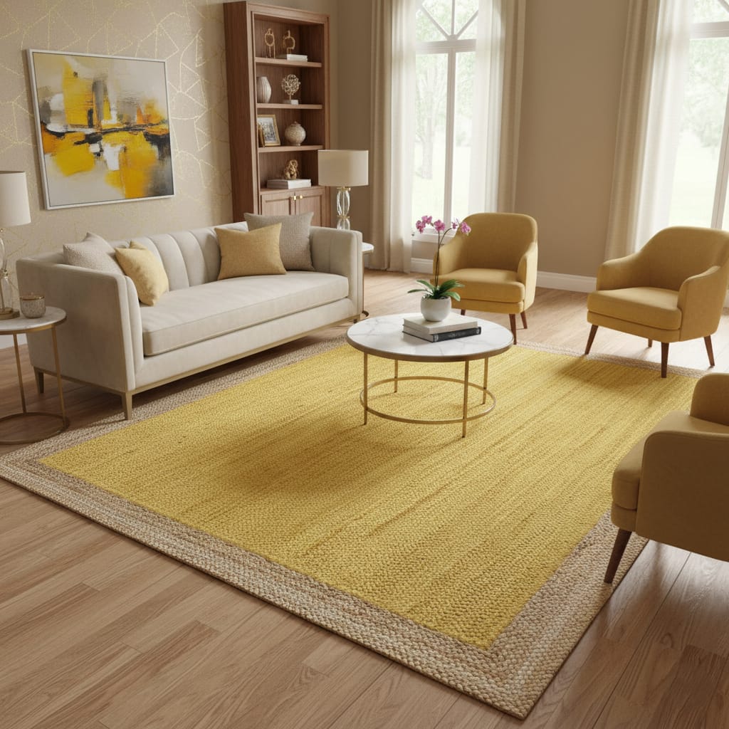 Mustard Yellow Jute Rectangular Rug – Handwoven Natural Carpet by Room Rituals | Modern Living Room & Bedroom Floor Rug