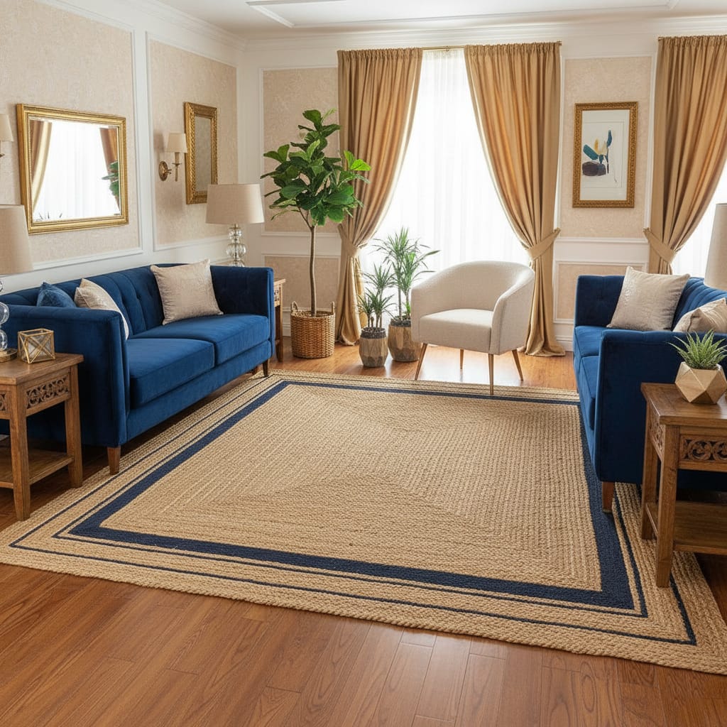 Natural Jute Rectangular Rug with Navy Border – Handwoven Eco-Friendly Carpet by Room Rituals | Living Room & Bedroom Floor Rug