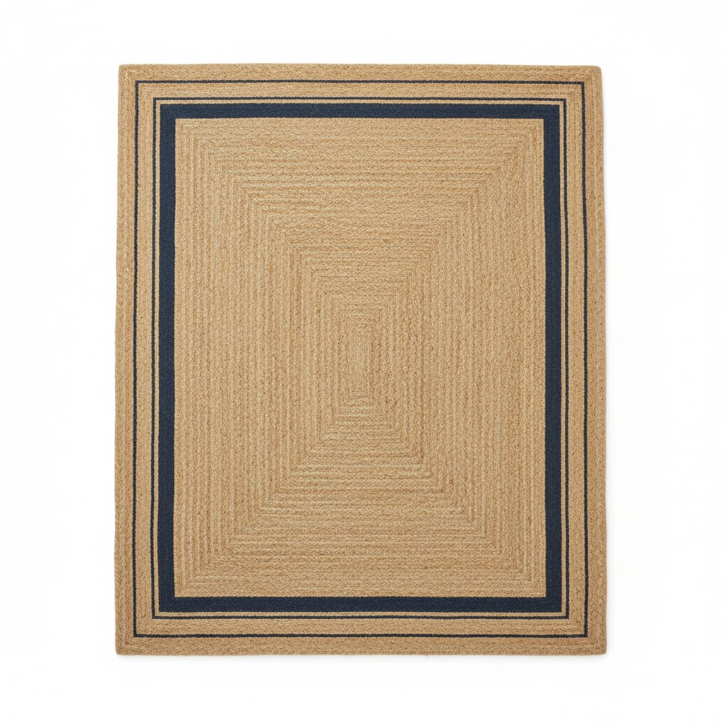 Natural Jute Rectangular Rug with Navy Border – Handwoven Eco-Friendly Carpet by Room Rituals | Living Room & Bedroom Floor Rug