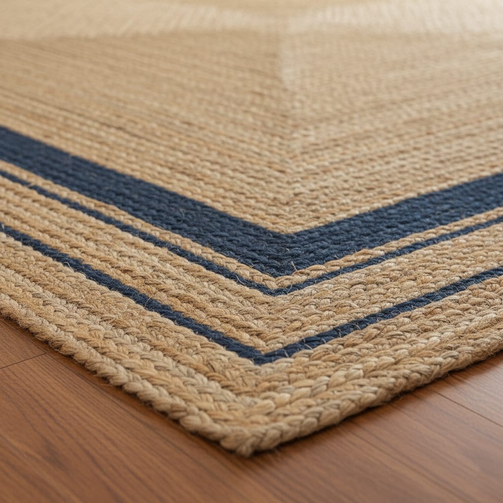 Natural Jute Rectangular Rug with Navy Border – Handwoven Eco-Friendly Carpet by Room Rituals | Living Room & Bedroom Floor Rug