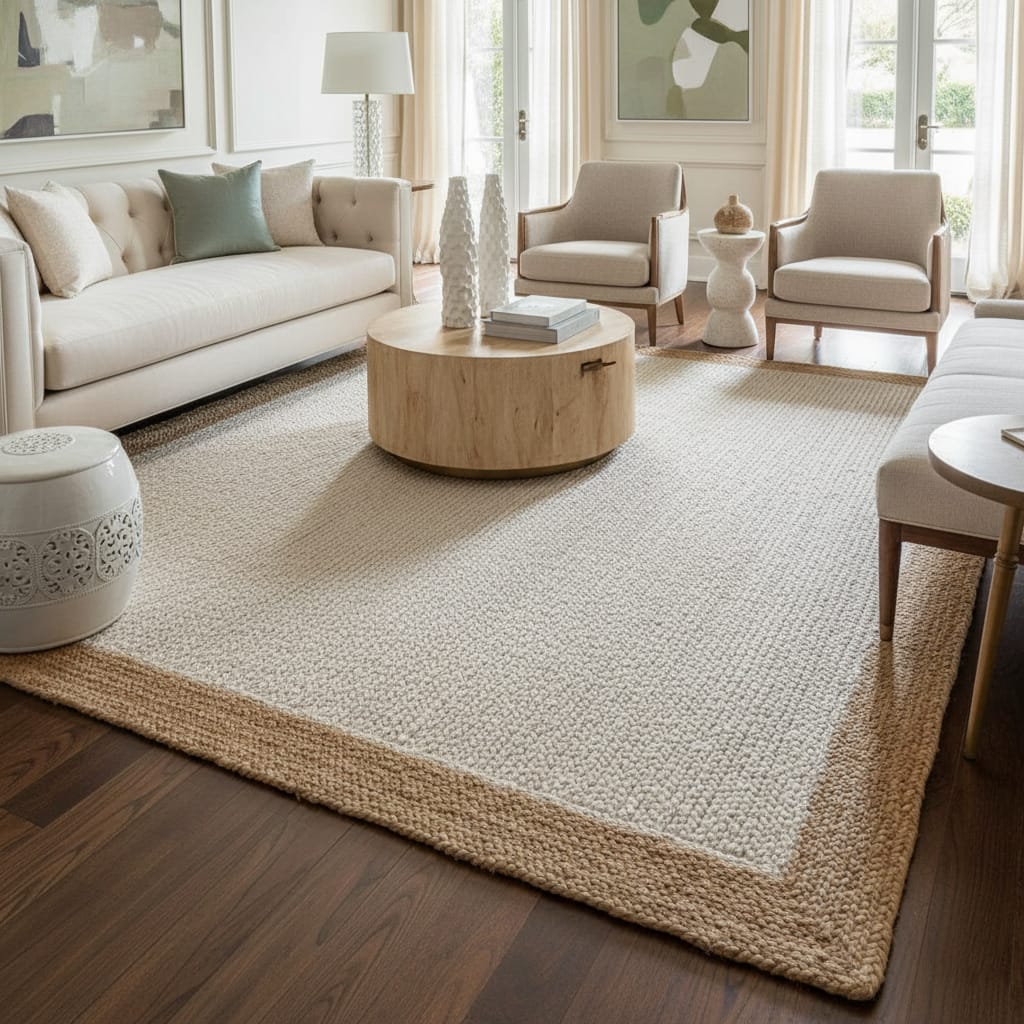 Natural & White Jute Rectangular Rug – Handwoven Eco-Friendly Floor Carpet by Room Rituals | Modern Living Room & Bedroom Rug