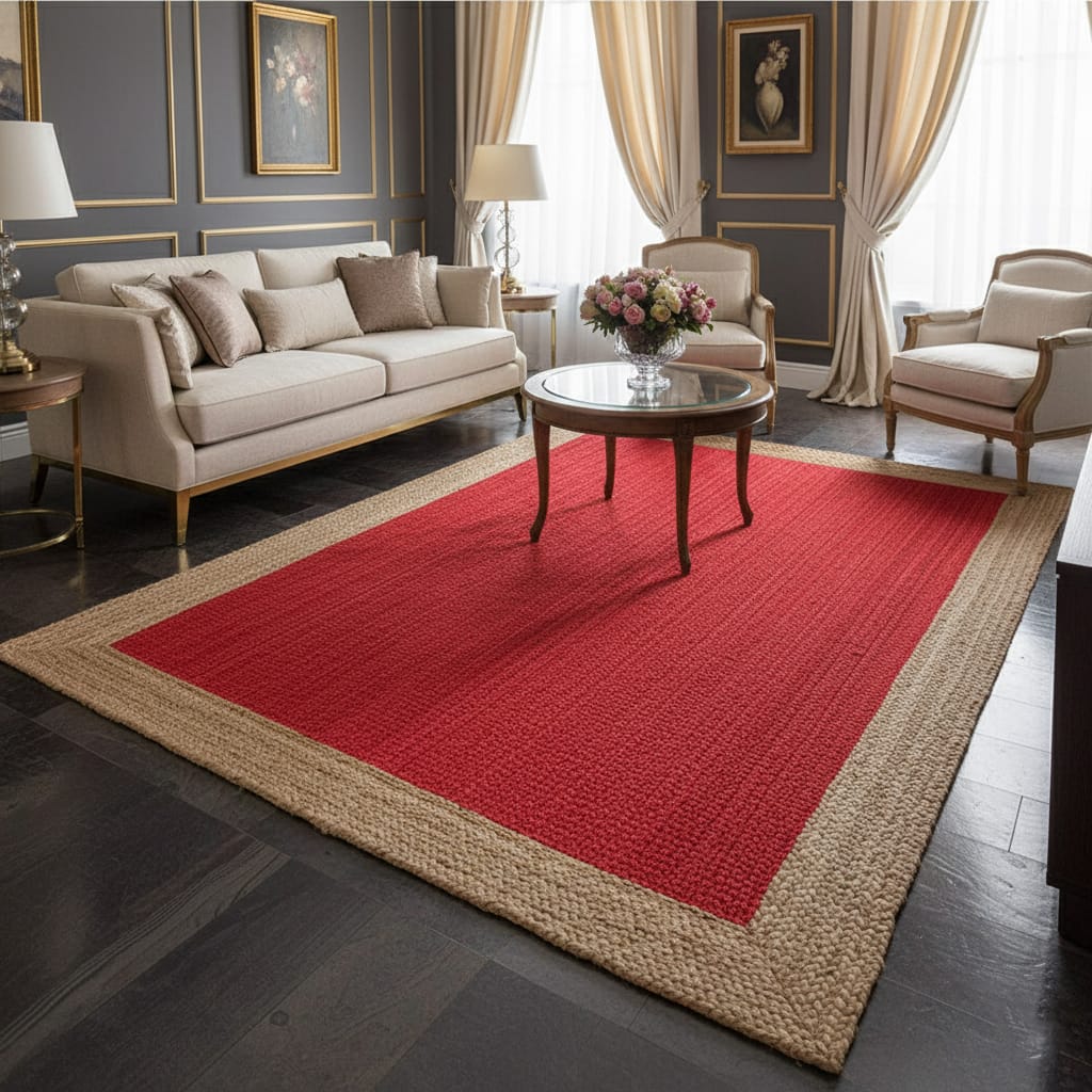 Red Jute Rectangular Rug with Natural Border – Handwoven Eco-Friendly Carpet by Room Rituals | Living Room & Bedroom Floor Rug