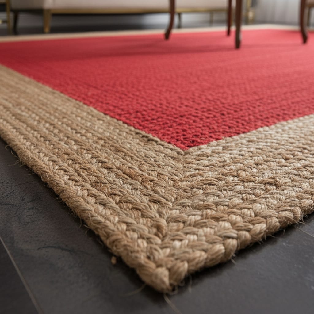 Red Jute Rectangular Rug with Natural Border – Handwoven Eco-Friendly Carpet by Room Rituals | Living Room & Bedroom Floor Rug
