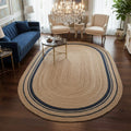 Natural Jute Oval Rug with Navy Border – Handwoven Eco-Friendly Floor Carpet by Room Rituals | Living Room & Bedroom Rug