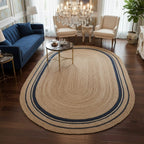 Natural Jute Oval Rug with Navy Border – Handwoven Eco-Friendly Floor Carpet by Room Rituals | Living Room & Bedroom Rug
