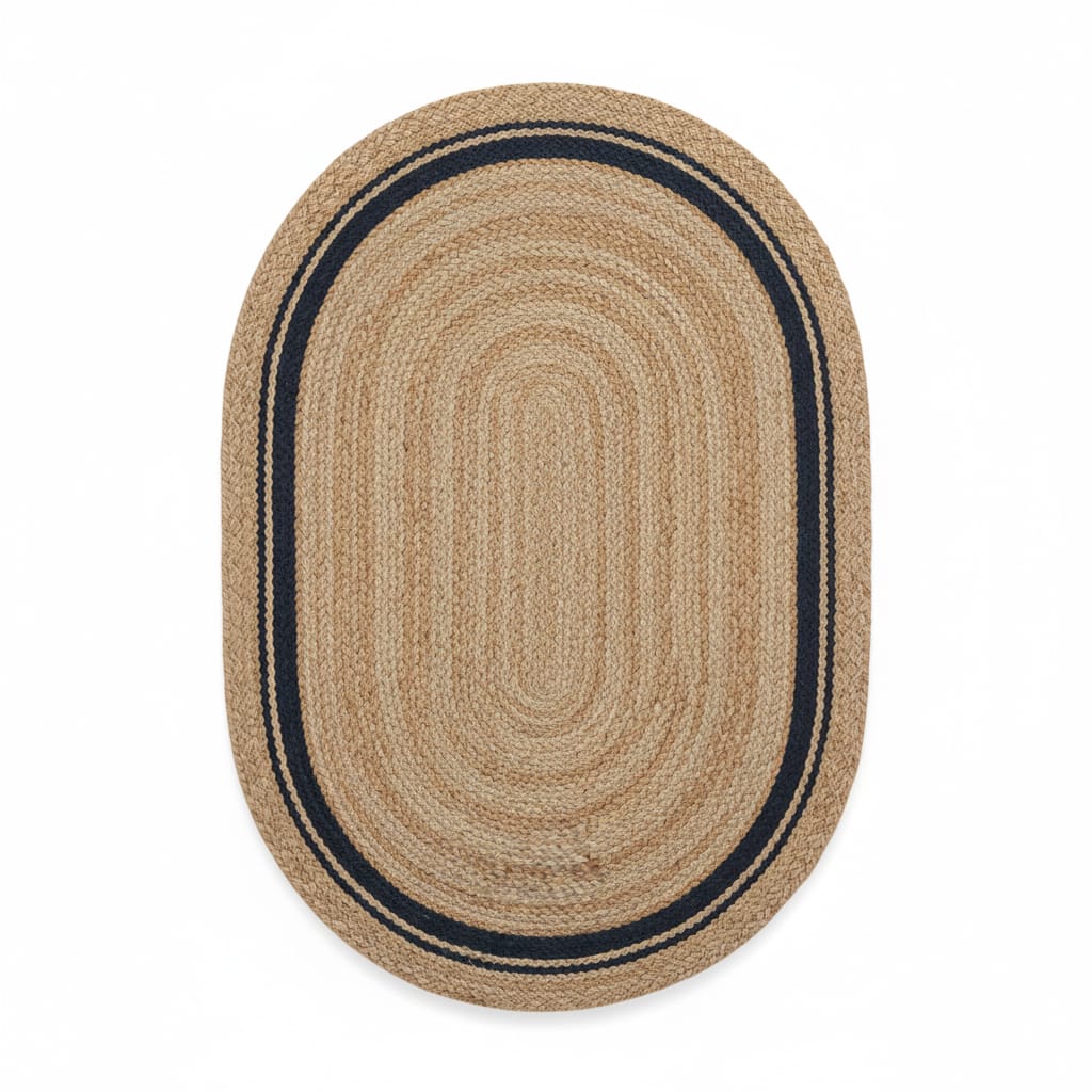 Natural Jute Oval Rug with Navy Border – Handwoven Eco-Friendly Floor Carpet by Room Rituals | Living Room & Bedroom Rug