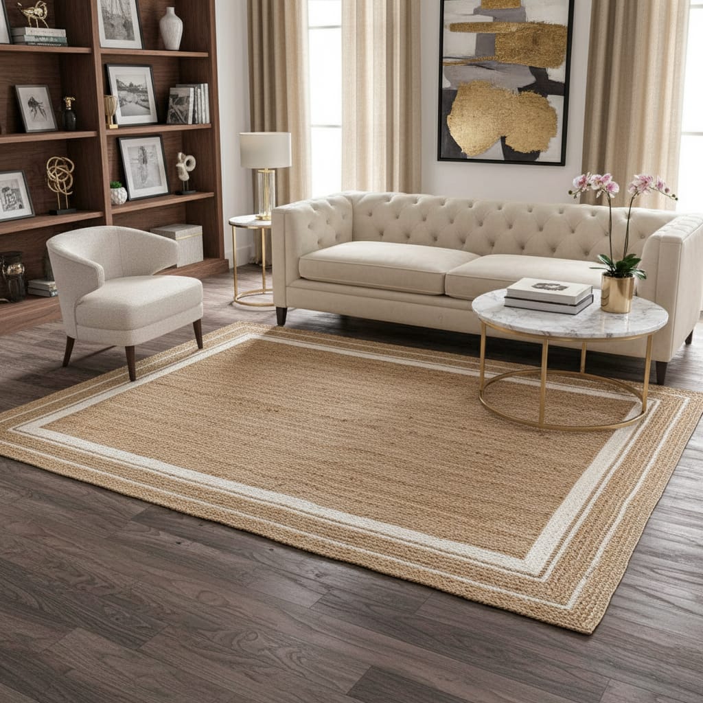 Natural Jute Rectangular Rug with White Border – Handwoven Eco-Friendly Carpet by Room Rituals | Living Room & Bedroom Floor Rug
