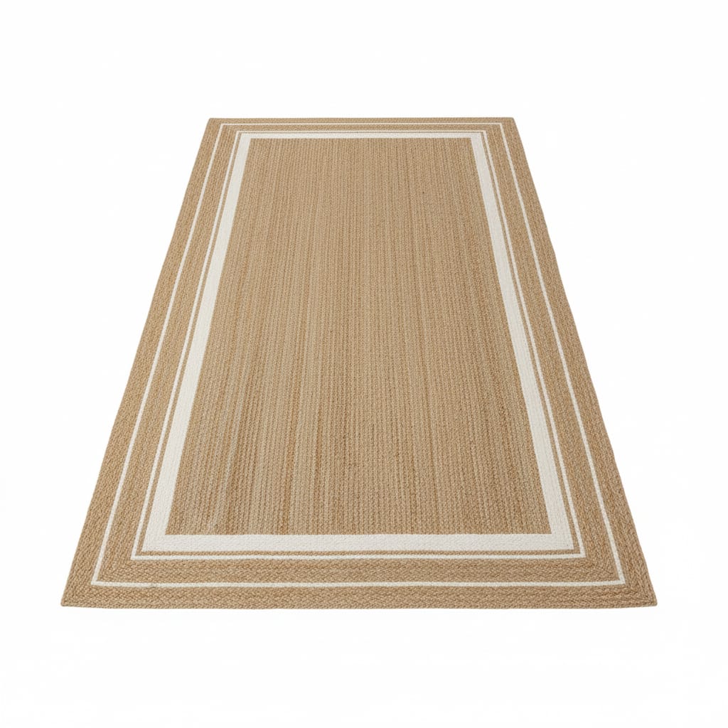 Natural Jute Rectangular Rug with White Border – Handwoven Eco-Friendly Carpet by Room Rituals | Living Room & Bedroom Floor Rug