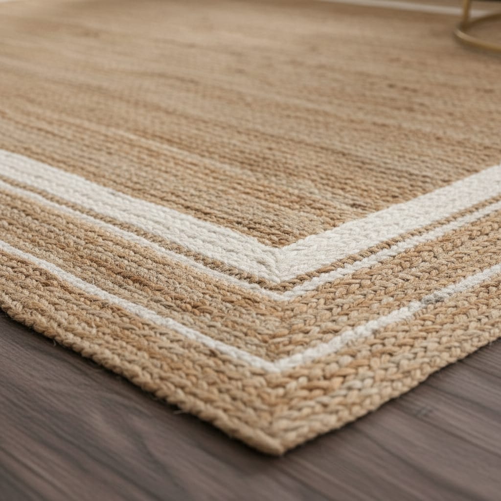 Natural Jute Rectangular Rug with White Border – Handwoven Eco-Friendly Carpet by Room Rituals | Living Room & Bedroom Floor Rug