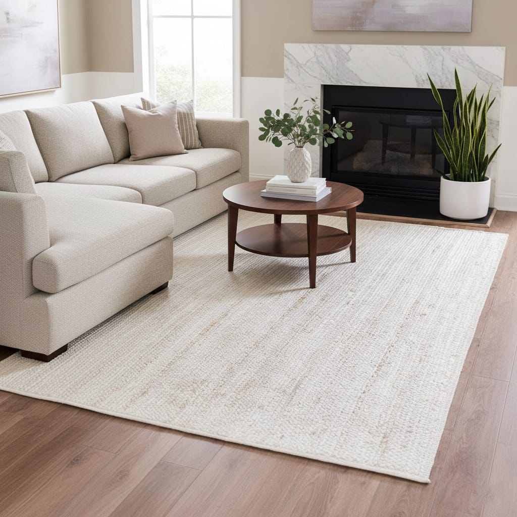 Soft Natural Off-White Jute Rectangular Rug – Handwoven Eco-Friendly Carpet by Room Rituals | Minimal Living Room & Bedroom Floor Rug