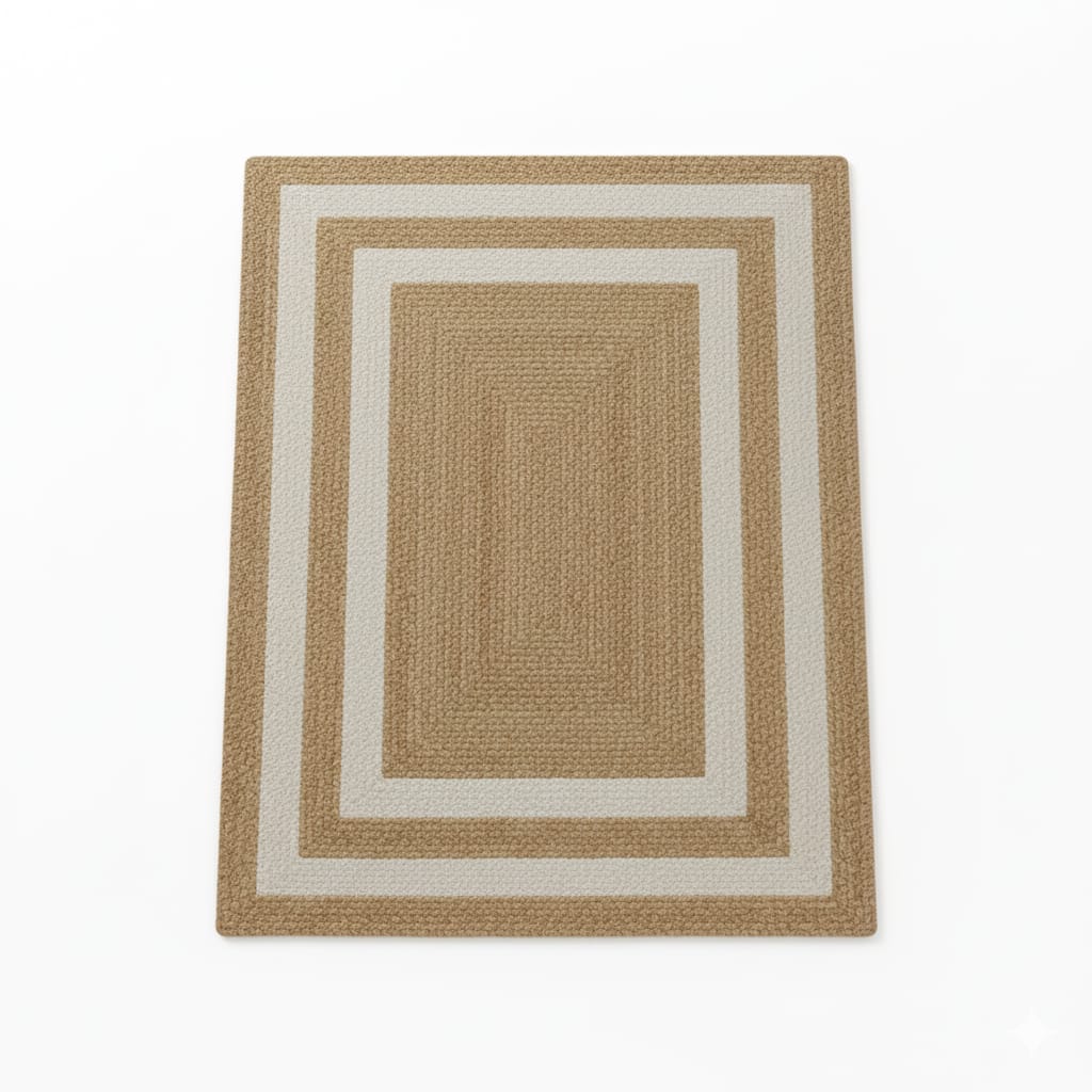 Natural Jute Rectangular Rug with Double White Border – Handwoven Eco-Friendly Carpet by Room Rituals | Living Room & Bedroom Floor Rug