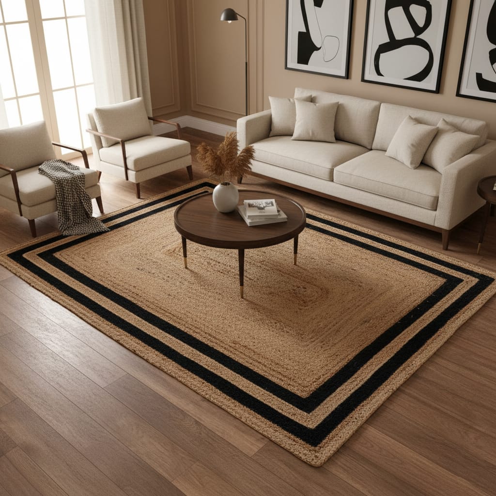 Natural Jute Rectangular Rug with Black Border – Handwoven Eco-Friendly Carpet by Room Rituals | Modern Living Room & Bedroom Floor Rug