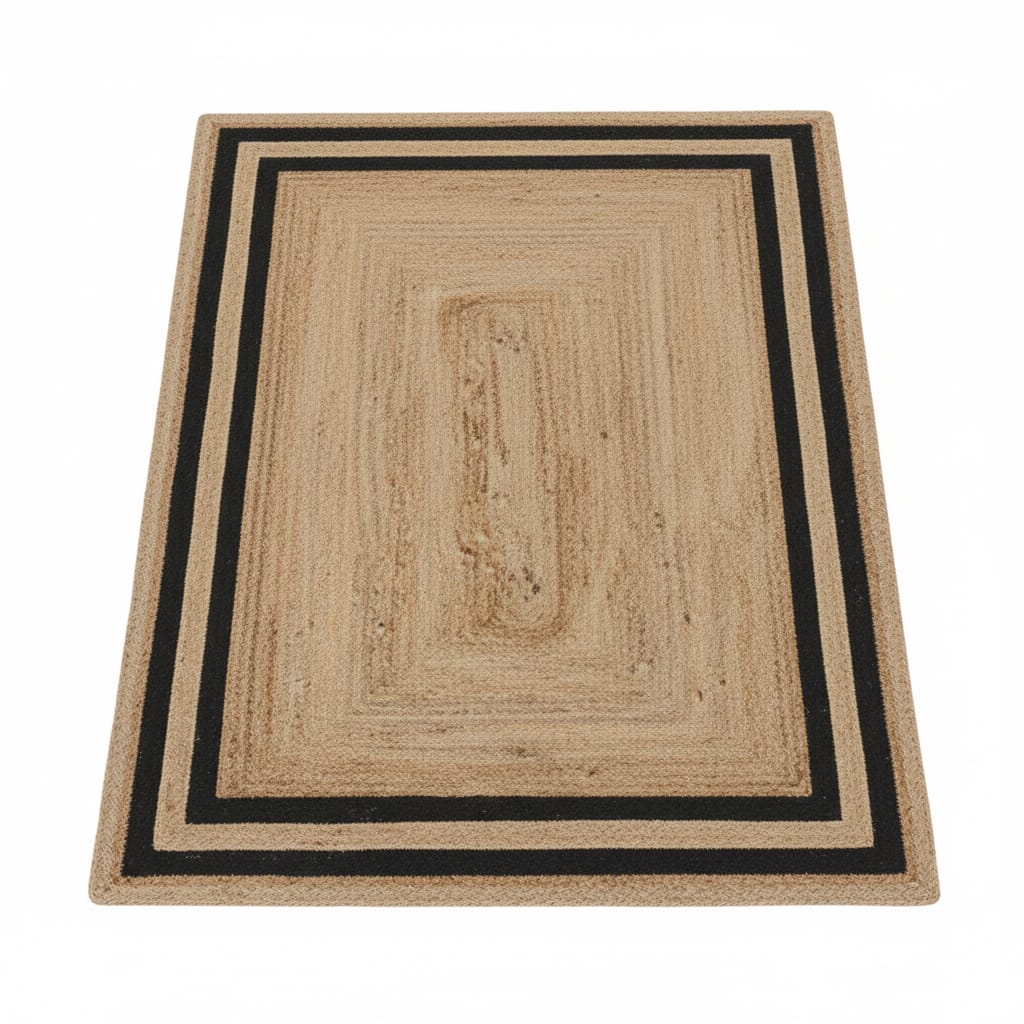 Natural Jute Rectangular Rug with Black Border – Handwoven Eco-Friendly Carpet by Room Rituals | Modern Living Room & Bedroom Floor Rug