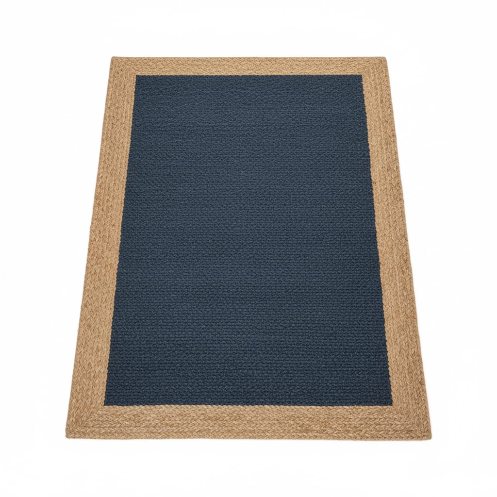 Indigo Blue Jute Rectangular Rug with Natural Border – Handwoven Eco-Friendly Carpet by Room Rituals | Living Room & Bedroom Floor Rug