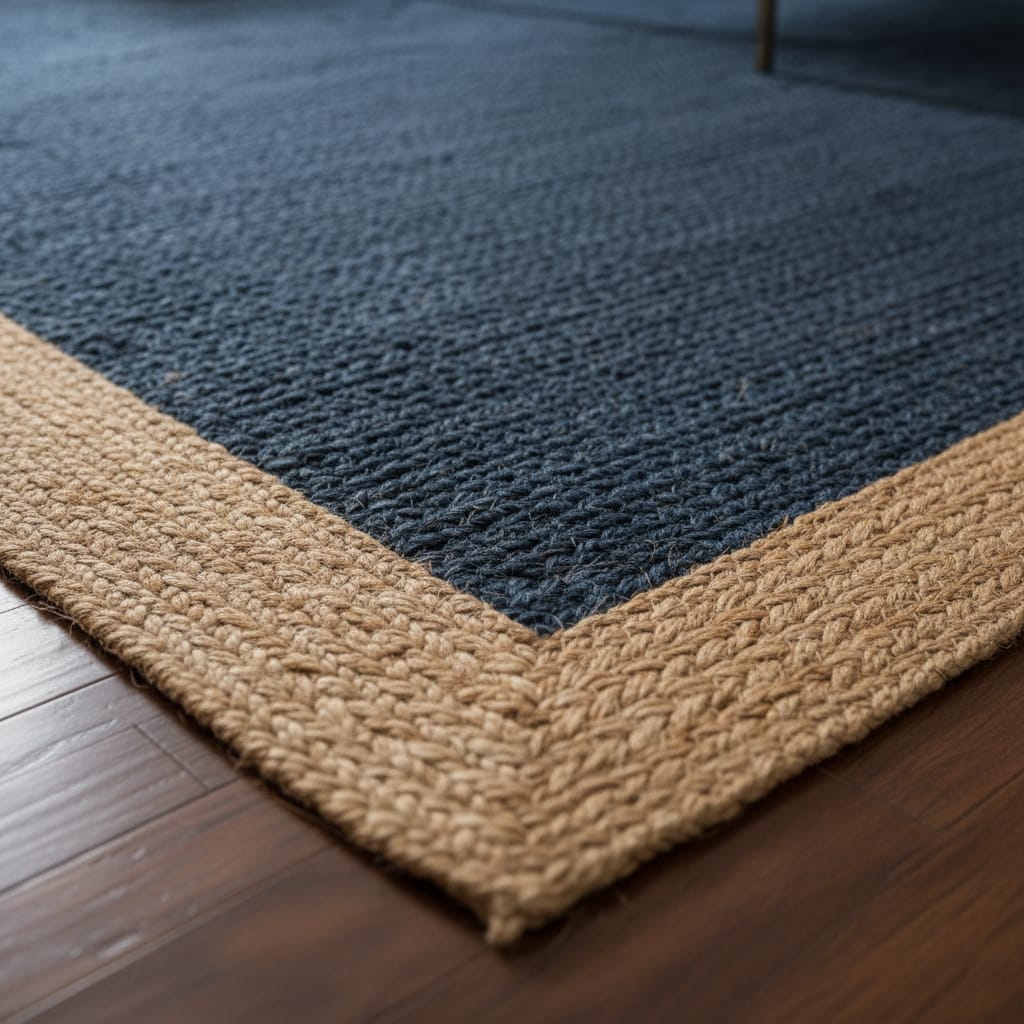 Indigo Blue Jute Rectangular Rug with Natural Border – Handwoven Eco-Friendly Carpet by Room Rituals | Living Room & Bedroom Floor Rug