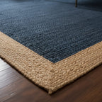 Indigo Blue Jute Rectangular Rug with Natural Border – Handwoven Eco-Friendly Carpet by Room Rituals | Living Room & Bedroom Floor Rug