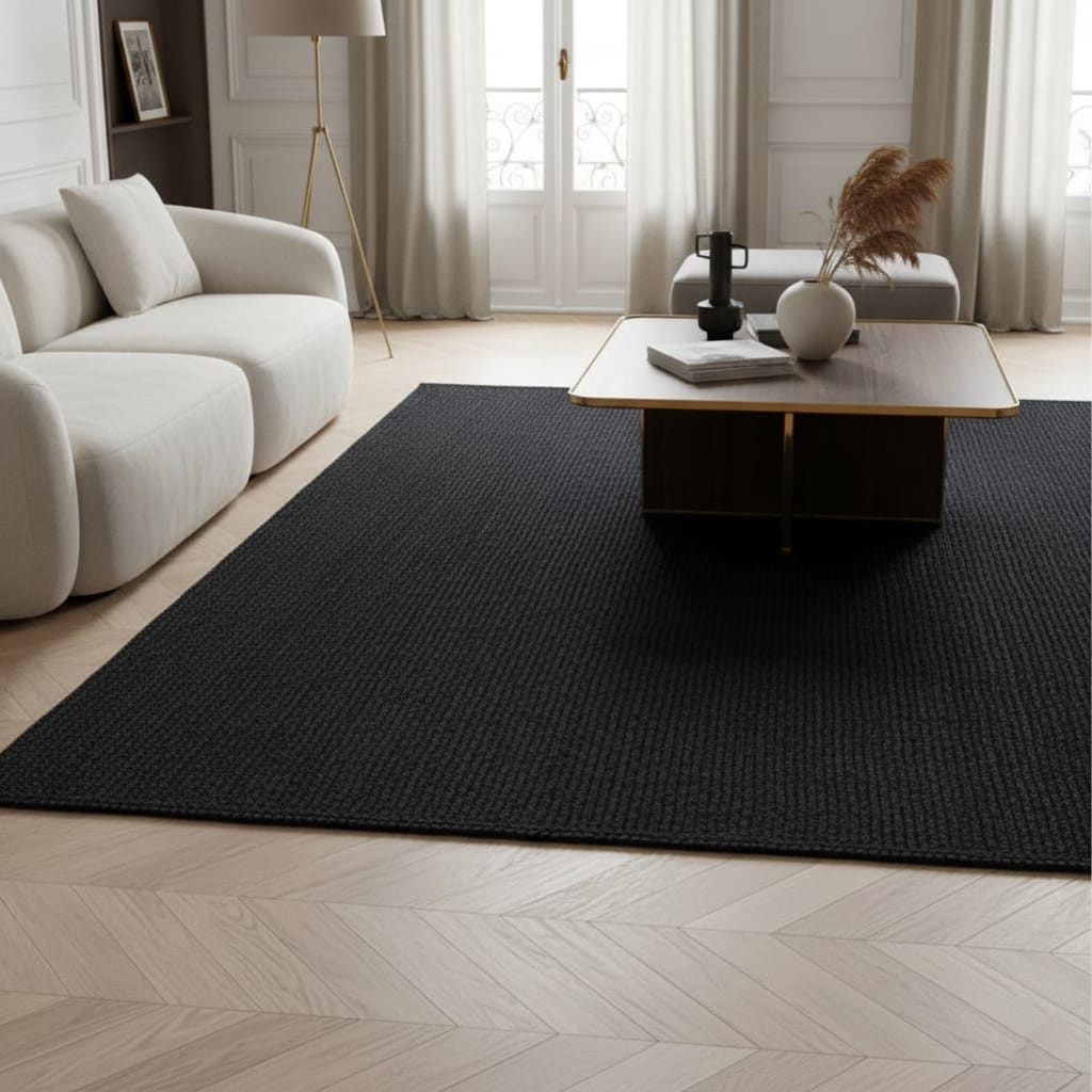 Black Jute Rectangular Rug – Handwoven Natural Eco-Friendly Carpet by Room Rituals | Modern Living Room & Bedroom Floor Rug