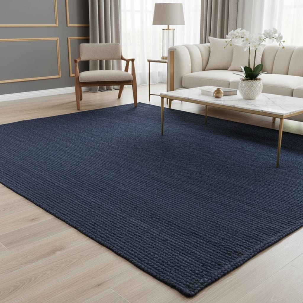 Navy Blue Jute Rectangular Rug – Handwoven Natural Eco-Friendly Carpet by Room Rituals | Modern Living Room & Bedroom Rug