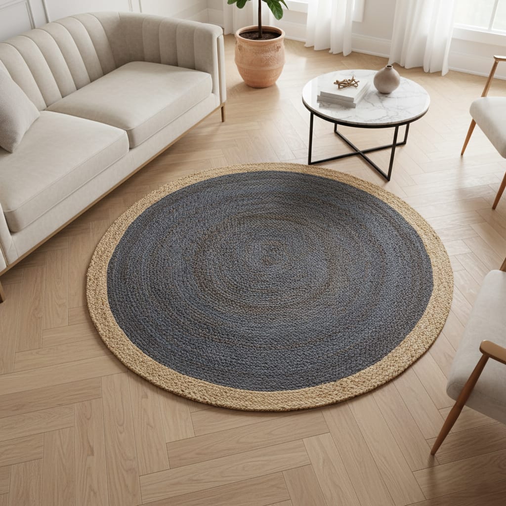 Beige & Dark Grey Jute Round Rug – Handwoven Natural Eco-Friendly Carpet by Room Rituals | Boho Living Room & Bedroom Floor Rug