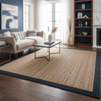 Wheat Brown & Beige Jute Rectangular Rug with Navy Blue Border – Handwoven Eco-Friendly Carpet by Room Rituals