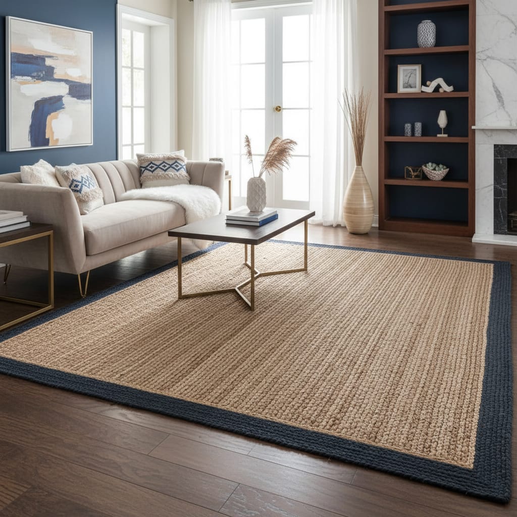 Wheat Brown & Beige Jute Rectangular Rug with Navy Blue Border – Handwoven Eco-Friendly Carpet by Room Rituals
