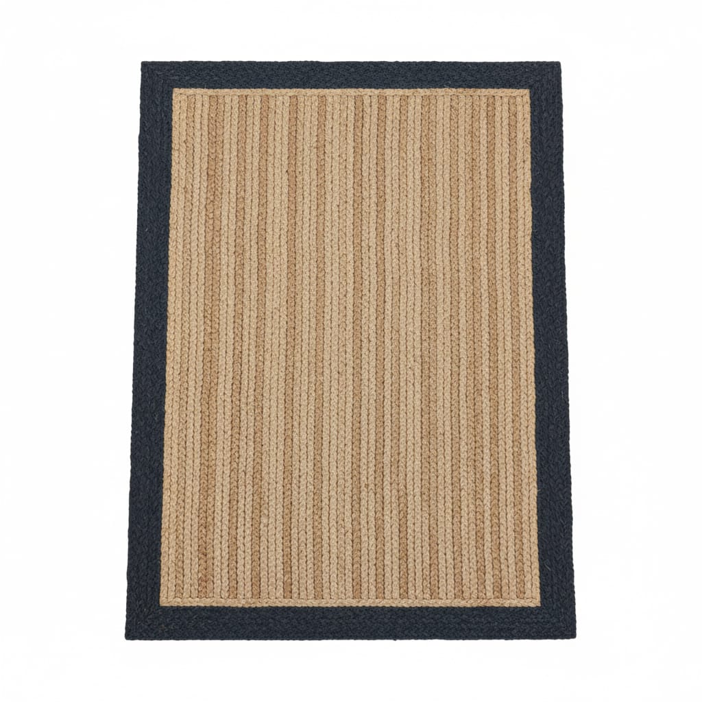 Wheat Brown & Beige Jute Rectangular Rug with Navy Blue Border – Handwoven Eco-Friendly Carpet by Room Rituals