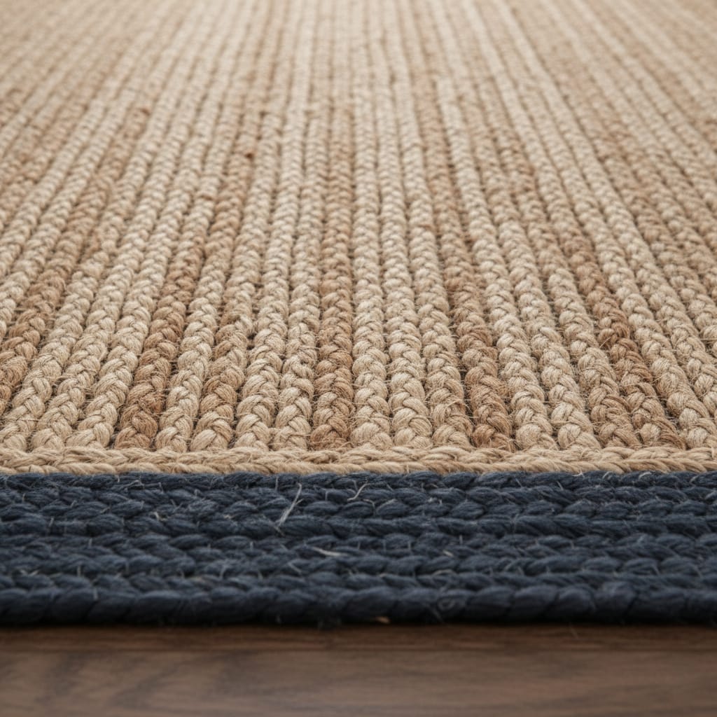 Wheat Brown & Beige Jute Rectangular Rug with Navy Blue Border – Handwoven Eco-Friendly Carpet by Room Rituals