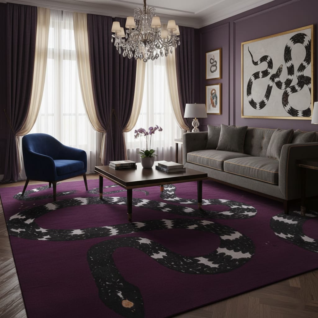 Hand-Tufted Wool Rug with Bold Serpentine Art – Luxury Modern Floor Carpet by Room Rituals | Deep Plum & Black Statement Rug