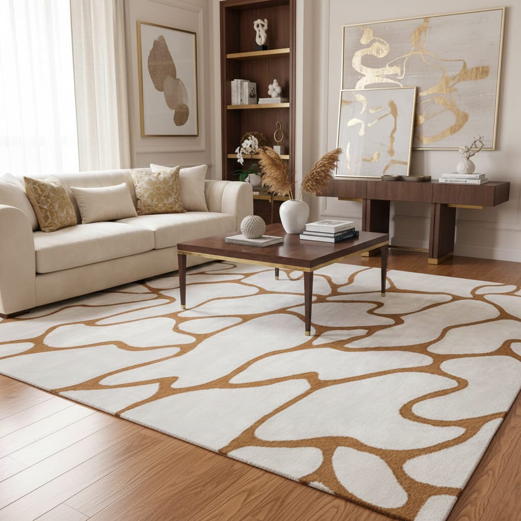 Hand-Tufted Ivory & Gold Abstract Wool Rug – Luxury Modern Carpet by Room Rituals | Living Room & Bedroom Designer Floor Rug