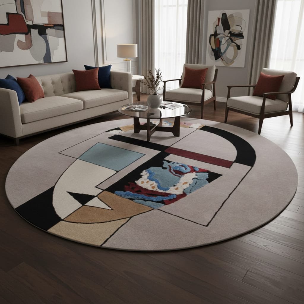 Hand-Tufted Abstract Face Art Wool Round Rug – Luxury Modern Designer Carpet by Room Rituals | Living Room & Statement Floor Rug