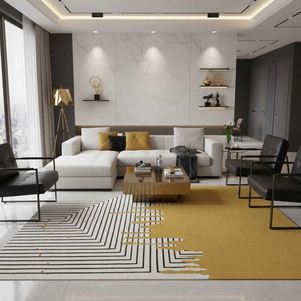 Hand-Tufted Maze Line & Mustard Gold Wool Rug – Luxury Modern Designer Carpet by Room Rituals | Living Room & Lounge Floor Rug