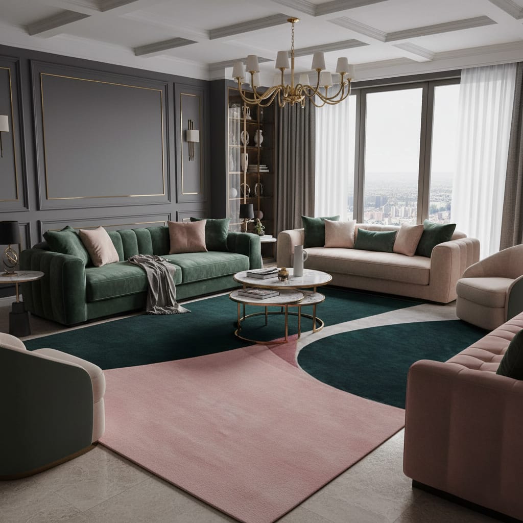 Hand-Tufted Abstract Blush & Deep Green Wool Rug – Luxury Modern Minimal Carpet by Room Rituals | Living Room & Bedroom Floor Rug