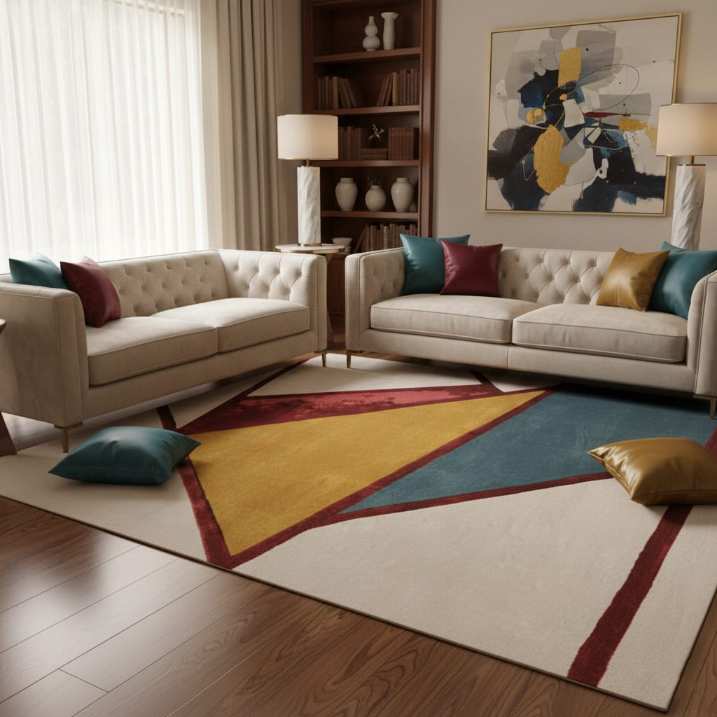 Hand-Tufted Abstract Mustard, Teal & Wine Wool Rug – Luxury Modern Designer Carpet by Room Rituals | Living Room & Bedroom Floor Rug