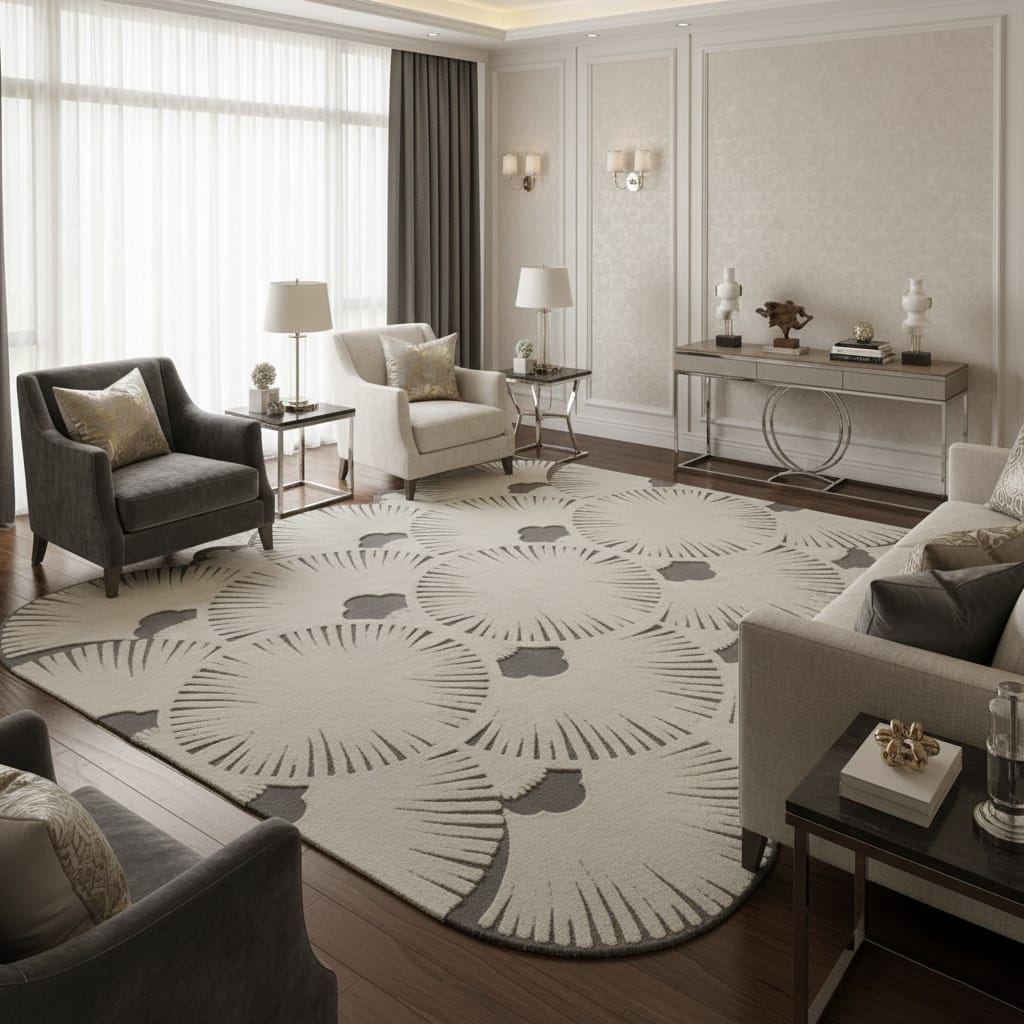 Hand-Tufted Ivory & Grey Sunburst Wool Rug – Modern Minimal Designer Carpet by Room Rituals | Living Room & Bedroom Floor Rug