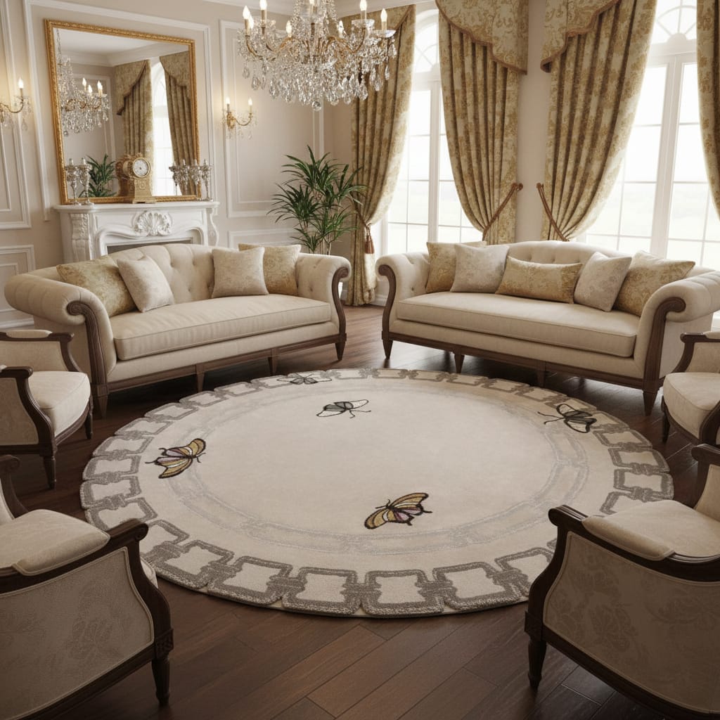 Hand-Tufted Ivory Round Wool Rug with Butterfly Motifs – Luxury Artistic Carpet by Room Rituals | Living Room & Bedroom Floor Rug