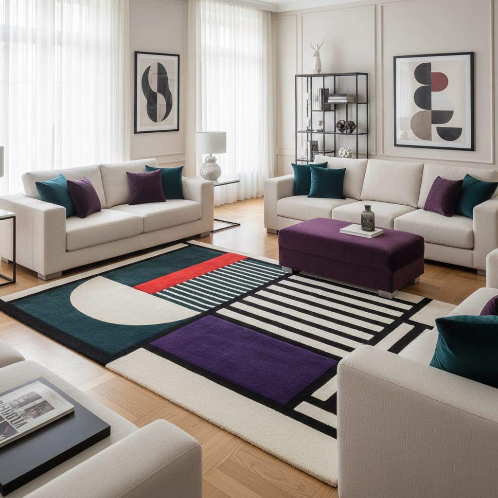Hand-Tufted Modern Geometric Wool Rug in Teal, Ivory & Red – Luxury Designer Carpet by Room Rituals | Living Room & Bedroom Rug