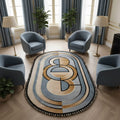 Hand-Tufted Art Deco Oval Wool Rug in Blue & Caramel – Luxury Modern Designer Carpet by Room Rituals | Living Room & Bedroom Floor Rug