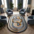 Hand-Tufted Art Deco Oval Wool Rug in Blue & Caramel – Luxury Modern Designer Carpet by Room Rituals | Living Room & Bedroom Floor Rug