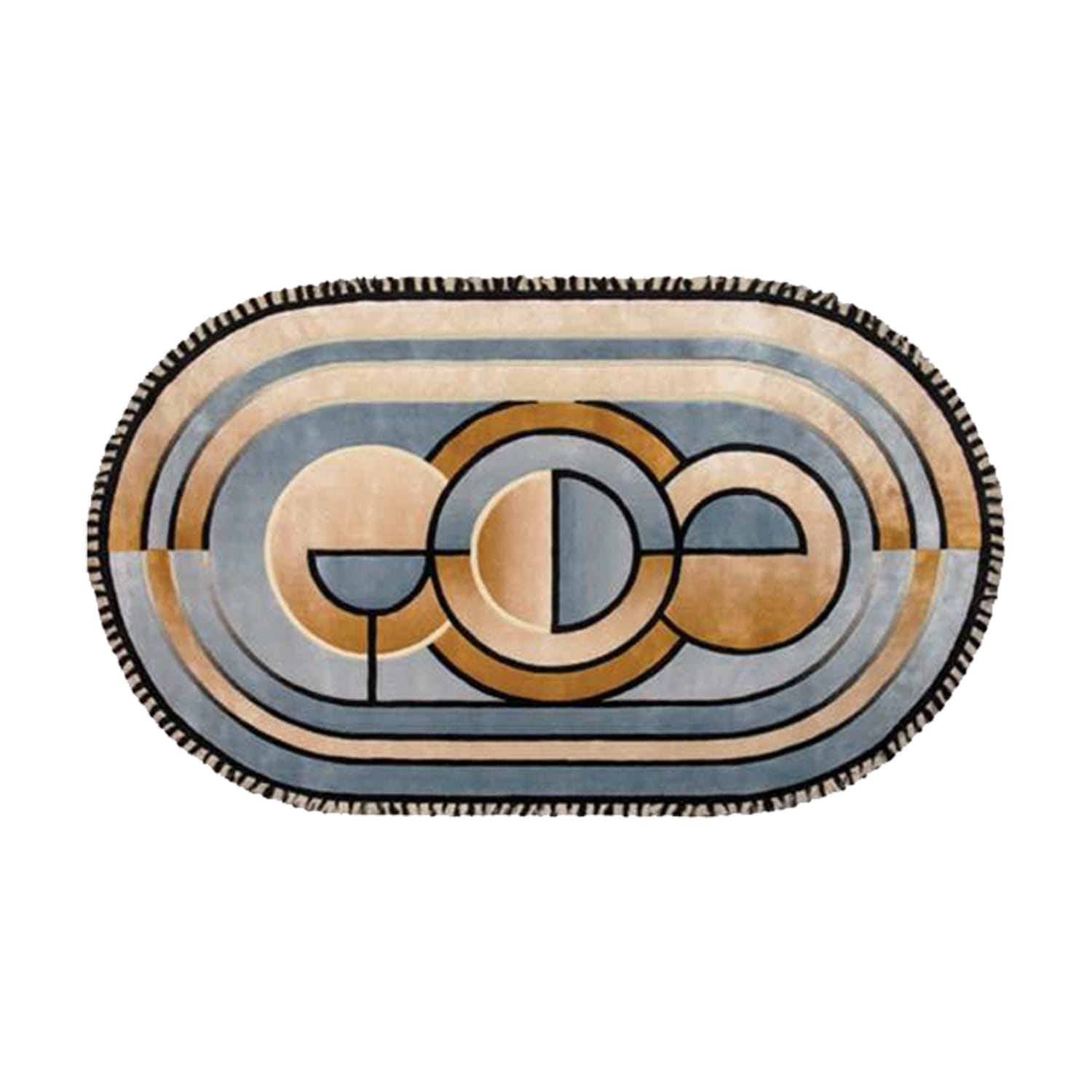 Hand-Tufted Art Deco Oval Wool Rug in Blue & Caramel – Luxury Modern Designer Carpet by Room Rituals | Living Room & Bedroom Floor Rug